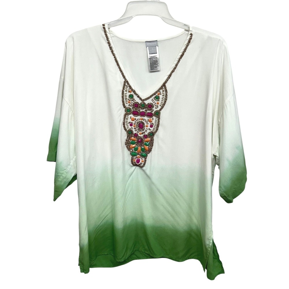 Chicos Ombre Embellished Tunic Top 3 XL Green Boho Artsy Resort Vacation Beachy